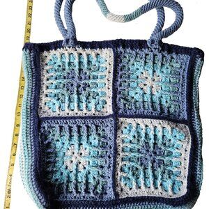 Blue Ombre Mosaic Handmade Tote Bag, Crochet Granny Square Beach & Festival Bag